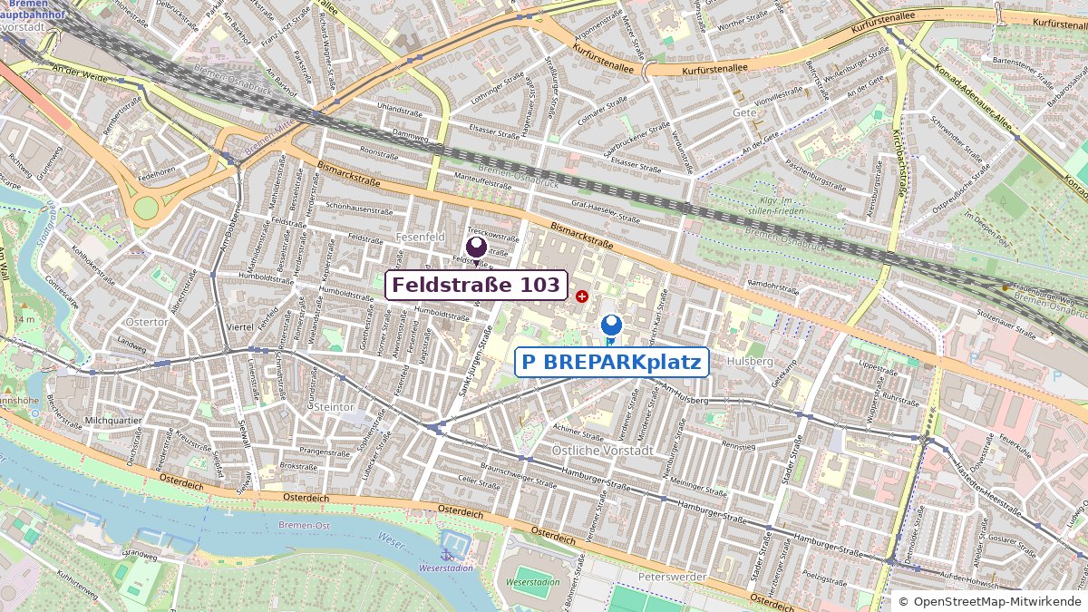 Stadtplan des Bremer Viertels: Lage des Seminarraums Feldstraße 103 (Fesenfeld) und des BREPARKplatz Klinikum Bremen-Mitte